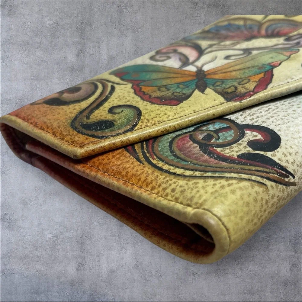 Anuschka Hand Painted Leather Envelope Flap Organizer Wallet Butterflies Floral
